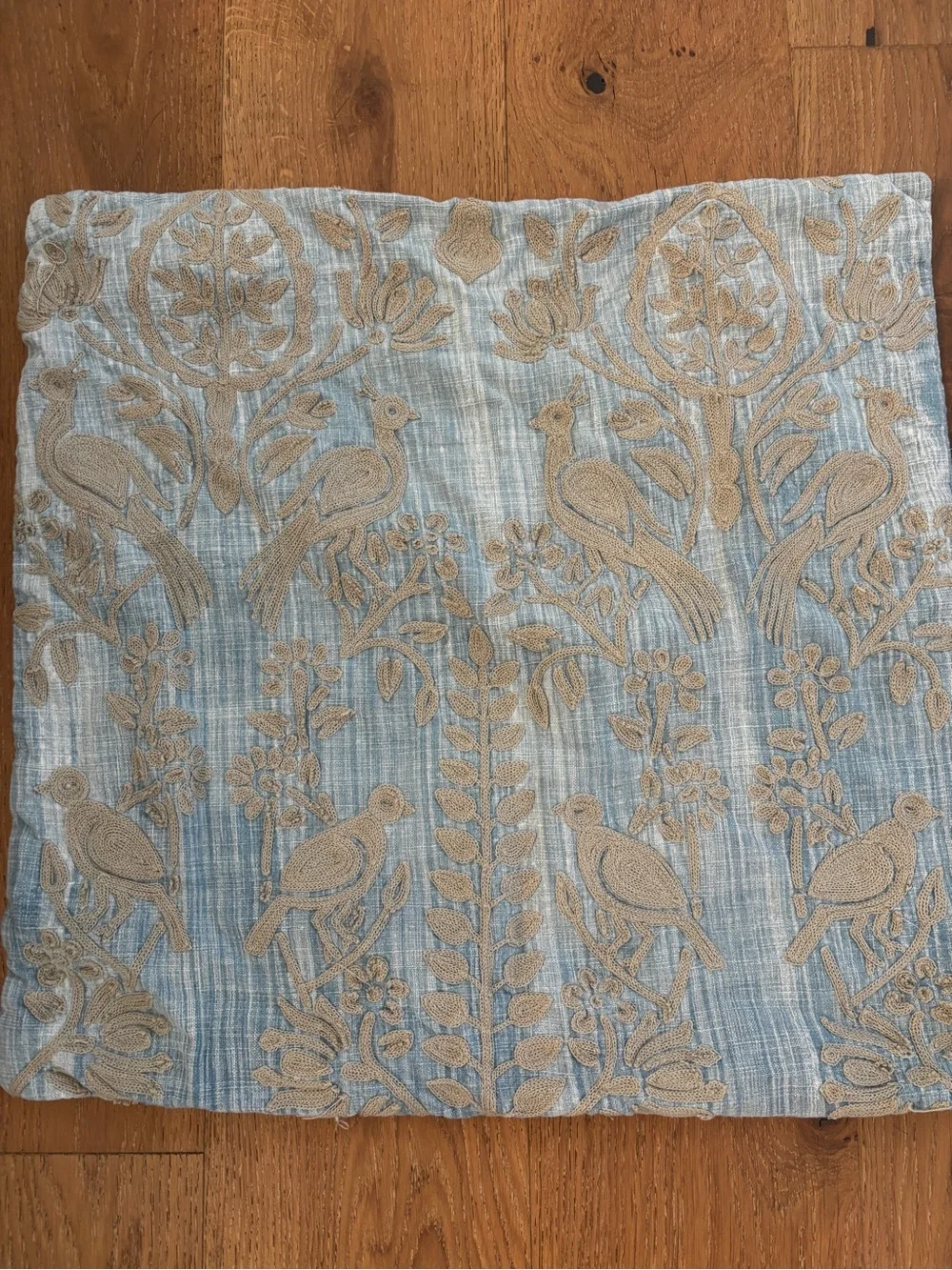 Pottery Barn Blue and Beige Embroidered Bird euro Pillow Covers. Set of 2